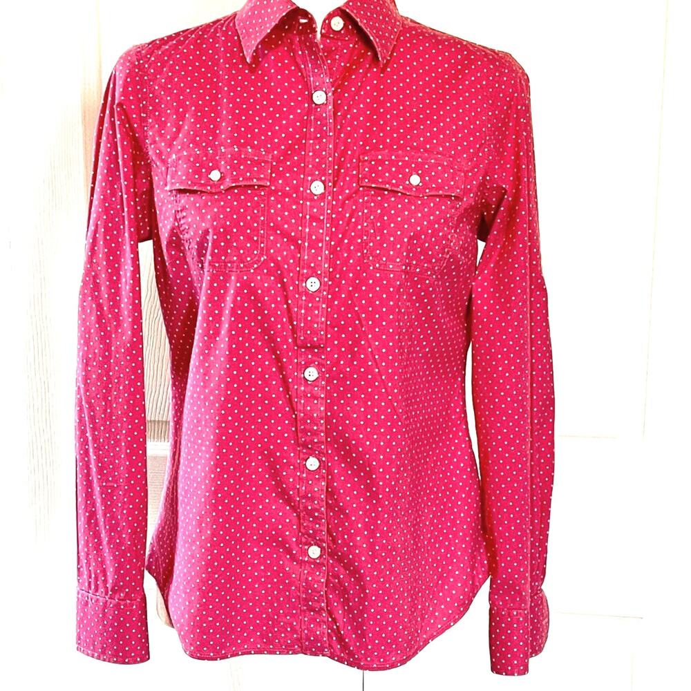 LL Bean Small pink polka dot top long sleeved shirt, button up, 3 pos. sleeves